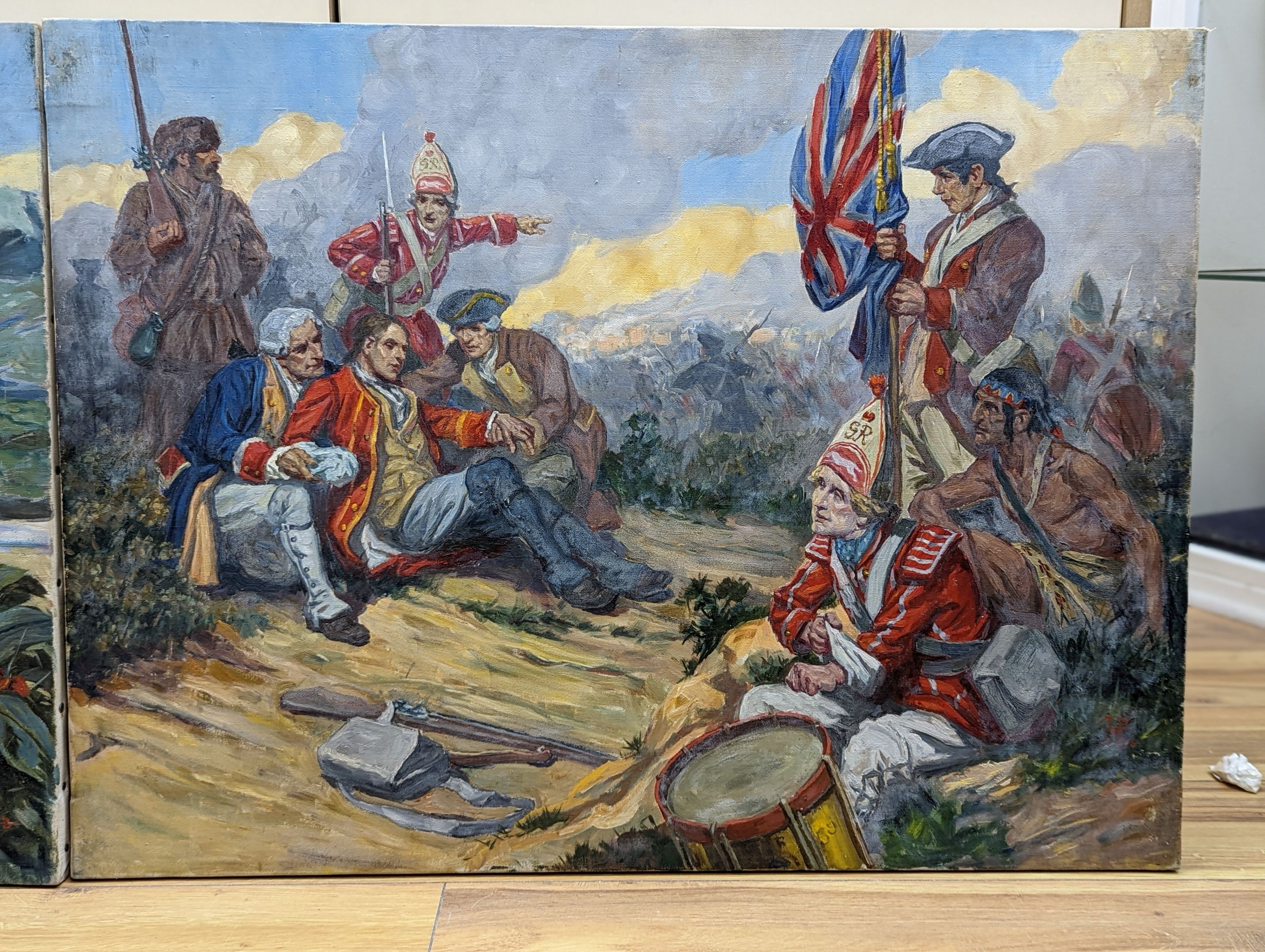 T.H.R. (1953) - pair of oils on canvas, The Death of General Wolf landing in the New World Canada, initialled and dated, 53 x 71cm, unframed